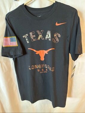 Nike Texas Longhorn Veteran’s Black Tee with Orange Longhorn Graphic and Camo.